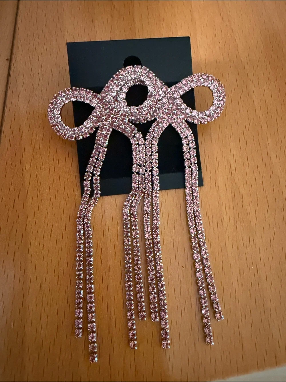 Pink Crystal Ribbon Drop Earrings - Elegant Statement Accessory